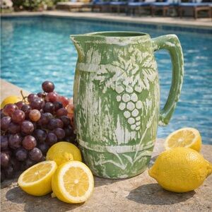 Green Ceramic Pitcher with Grape Design